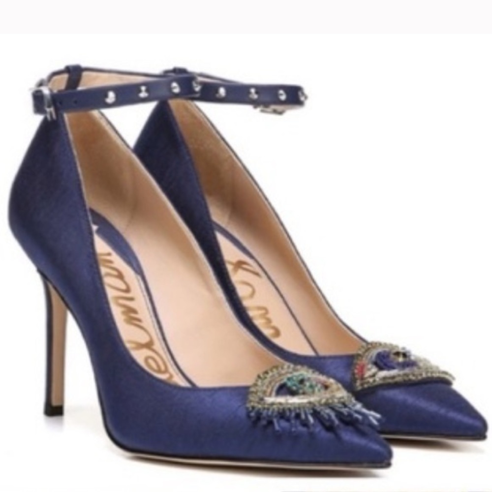 SALE 🍁🧿Sam Edelman Hermione Poseidon Blue Silk Dupioni Ankle Strap Pumps